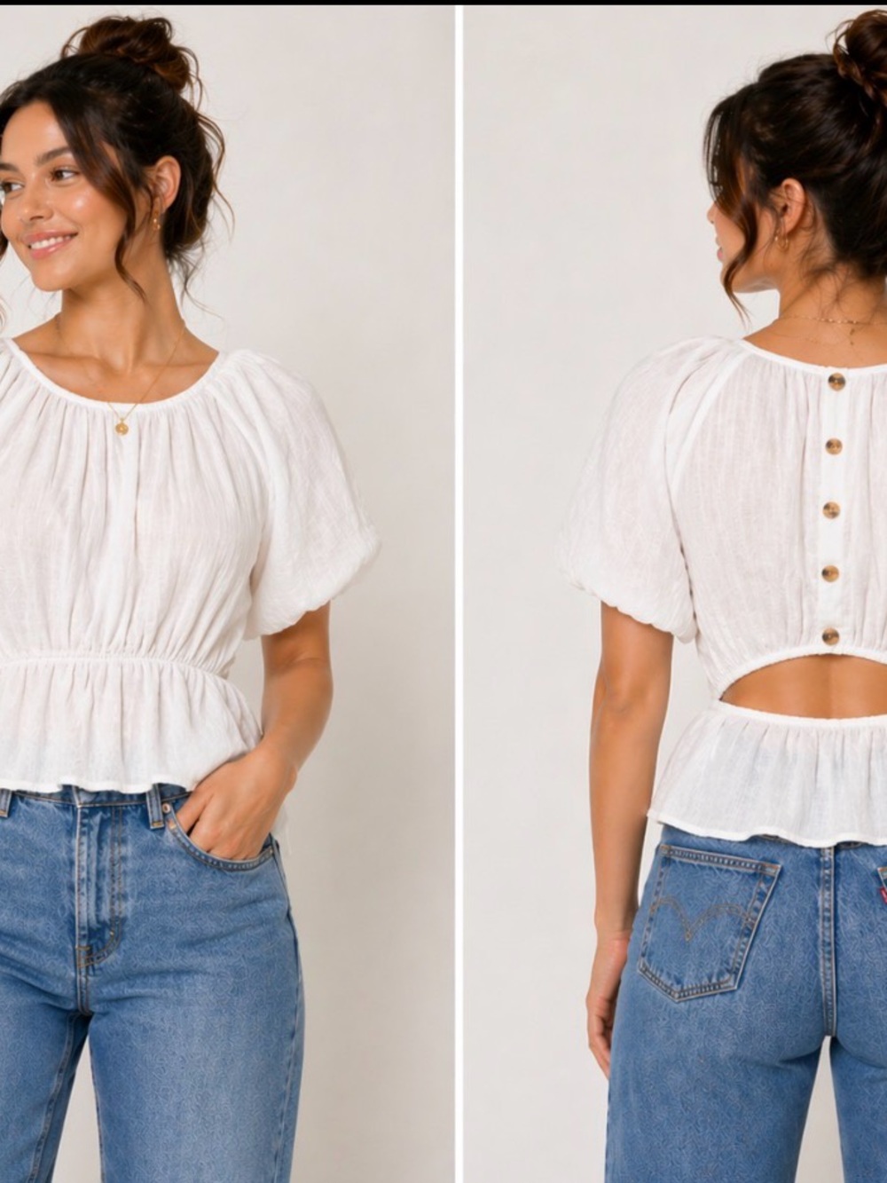 NWT 1.State white balloon sleeve blouse. Peplum style, cut out back. Womens L.
